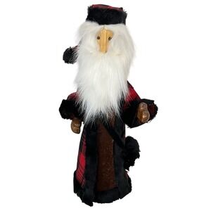 Christmas Santa Figurine Black Red Plaid Fabric Wooden Face Holiday Decor 18"‎